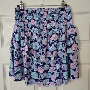 NWT Simply Southern Tiered Shirred Skirt in Sea Shell Pink Blue